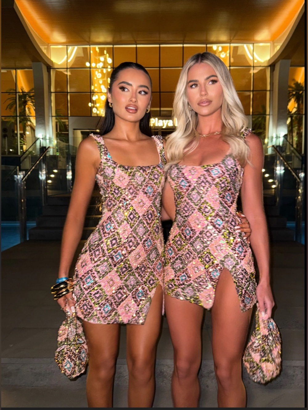 Sorelle UK Crystal Mini Dress Pink & Gold Sequined Embellished Harlequin Print